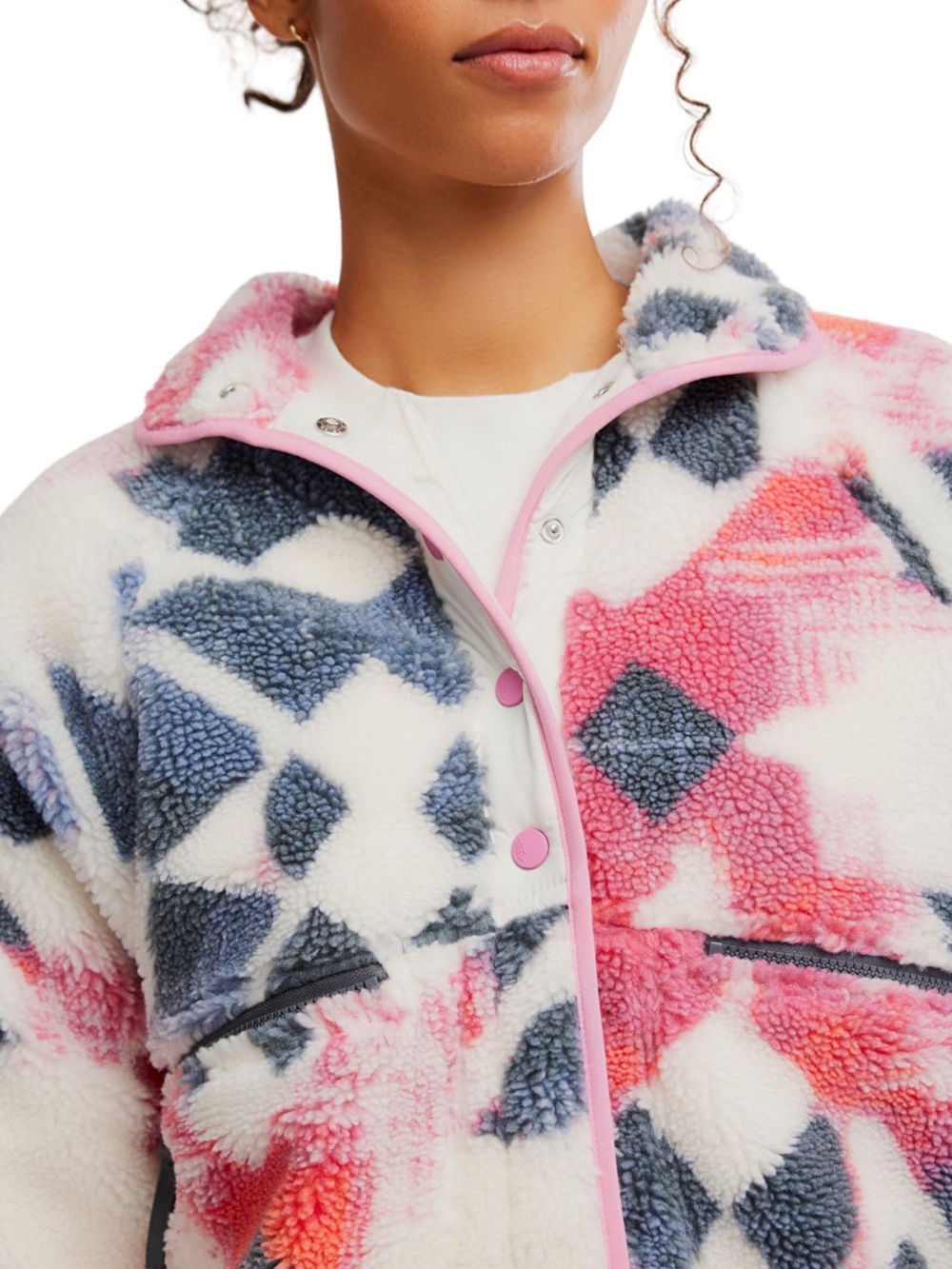 FP Movement Fleece Jacket Snap Front Cropped Slouchy Sherpa Pink Blue XS NWT - Picture 9 of 11